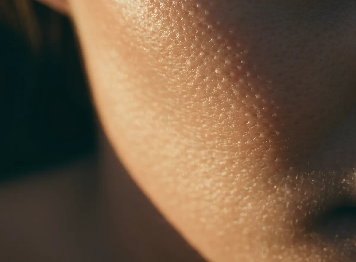 Textura de piel natural con iluminación cálida, representando adipoestructura facial